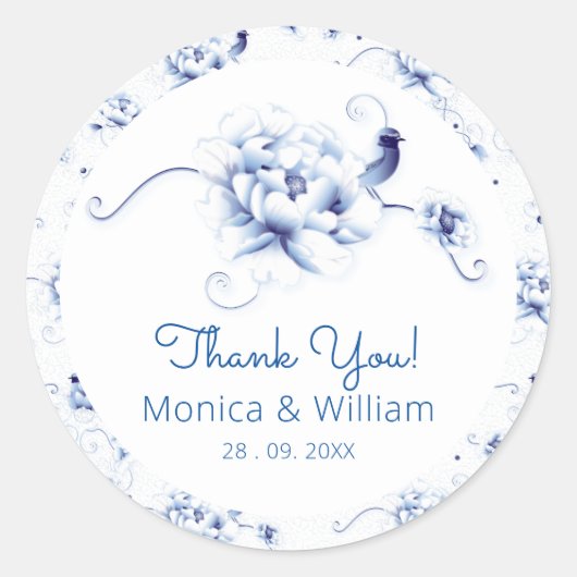 Sticker Rond Rose Oiseau Bleu Chinoiserie Florale (Devant)