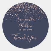 Sticker Rond Rose or confetti marine bleu typographie merci (Devant)