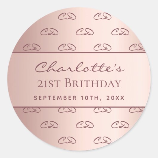 Sticker Rond Rose or monogramme initiales script anniversaire (Devant)