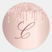 Sticker Rond Rose or rousse rose gouttes monogramme initial (Devant)