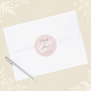 Sticker Rond Rose Pâle Blanc Fougère Botanique Minimaliste
