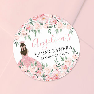 Sticker Rond Rose Pâle Couronne Florale Quinceanera