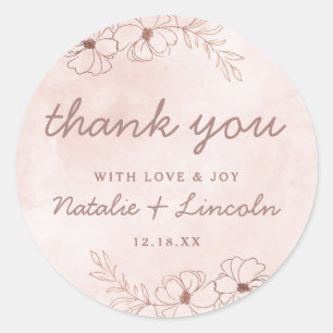 Sticker Rond Rose Pâle & Doré Rose Feuille Merci de Mariage