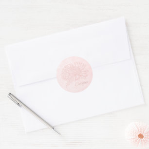Sticker Rond Rose Pâle Grunge avec Nom et Chrysanthèmes