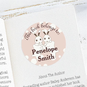 Sticker Rond Rose Pâle Lapin Mignon Enfants Ce Livre Appartient