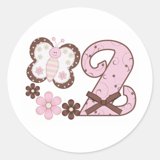 Sticker rond rose papillon 2e anniversaire classiq (Devant)
