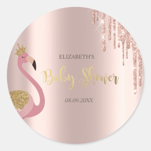 Sticker Rond Rose Parties scintillant or Baby shower Flamant (Devant)