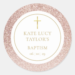 Sticker Rond Rose Parties scintillant or Baptême Christening