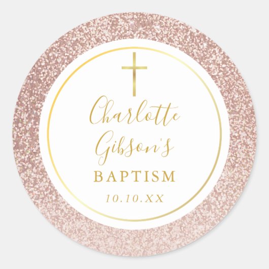 Sticker Rond Rose Parties scintillant or Baptême Christening (Devant)