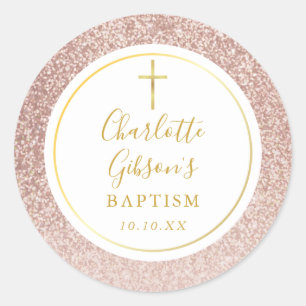 Sticker Rond Rose Parties scintillant or Baptême Christening