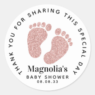 Sticker Rond Rose Parties scintillant or bébé pieds Baby shower