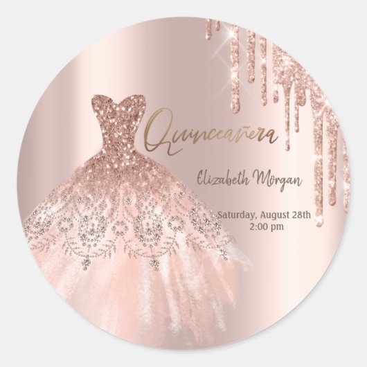 Sticker Rond Rose Parties scintillant or  gouttes robe Quinceañ (Devant)