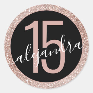 Sticker Rond Rose Parties scintillant Or Ombre Black Quince Año