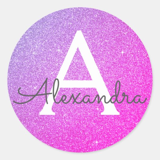 Sticker Rond Rose - Parties scintillant violette et Monogramme (Devant)