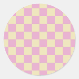 Sticker Rond Rose pastel et damier jaune clair
