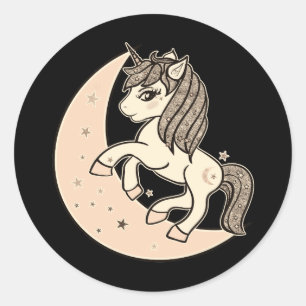 Sticker Rond Rose Pêche Blush Licorne Lunaire et Étoiles Célest