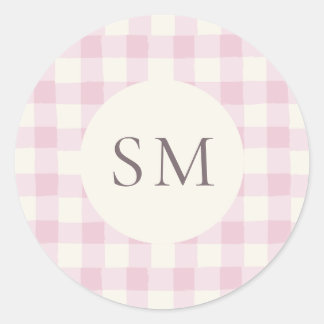 Sticker Rond Rose Pink Gingham Personalized Monogram