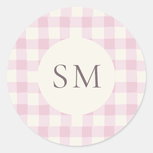 Sticker Rond Rose Pink Gingham Personalized Monogram (Devant)