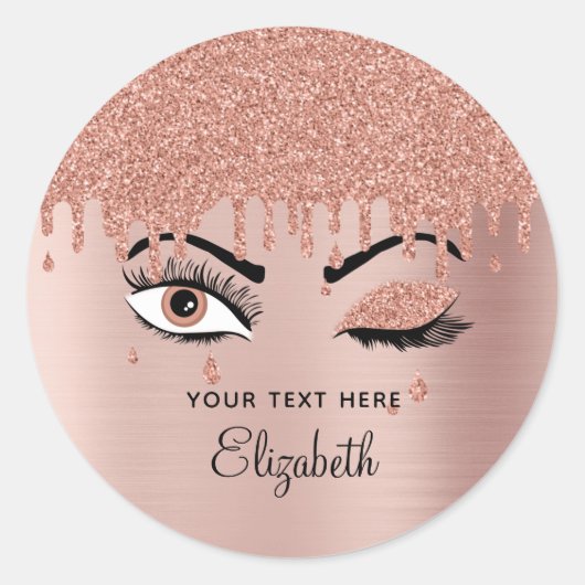 Sticker Rond Rose Pink Gold Eyelashes Dripping Glitter (Devant)