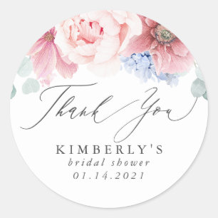 Sticker Rond Rose poudrée et Remerciement floral bleu poudré