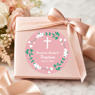 Sticker Rond Rose Poussiéreuse Croix Blanche Crête Florale Bapt