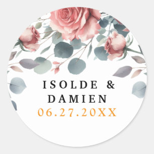 Sticker Rond Rose Poussiéreux ÉlégantRose Mauve Verdure Floral