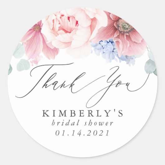 Sticker Rond Rose poussiéreux et Merci floral bleu poussiéreux (Devant)