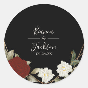 Sticker Rond Rose profond romantique Floral Hiver noir Mariage