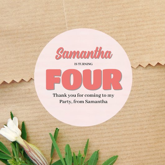 Sticker Rond Rose quatrième anniversaire Fille fête florale