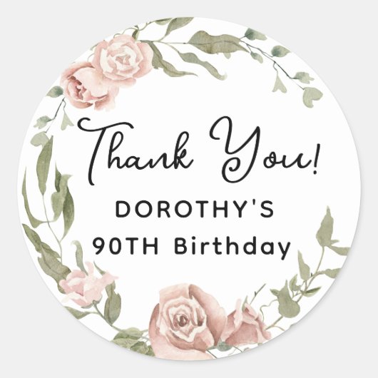 Sticker Rond Rose rose Dusty Floral 90e anniversaire Merci (Devant)