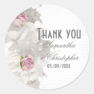 Sticker Rond Rose rose fleurie blanche mariage Merci