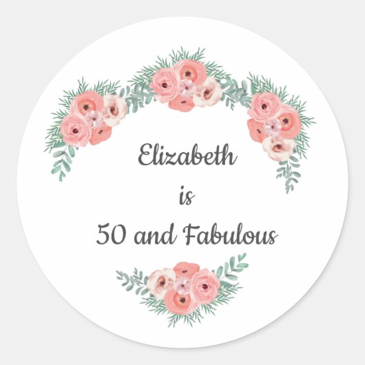 Sticker Rond Rose rose Floral 50 et Fabuleux anniversaire (Devant)
