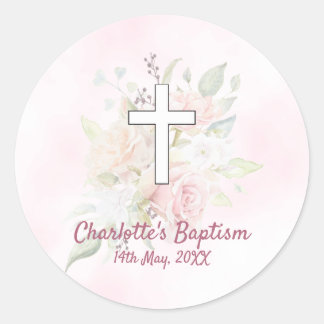 Sticker Rond Rose rose floral fille Baptême