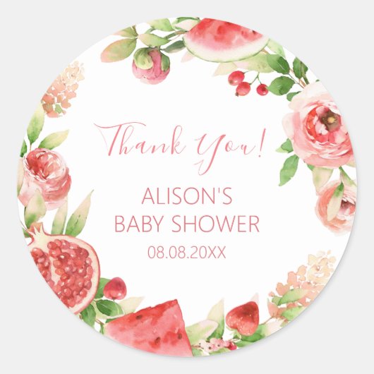 Sticker Rond Rose Rose Floral Vert Fille Baby shower (Devant)