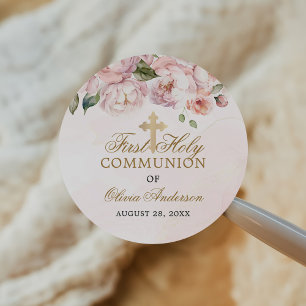 Sticker Rond Rose rose pâle Floral Première Communion sainte