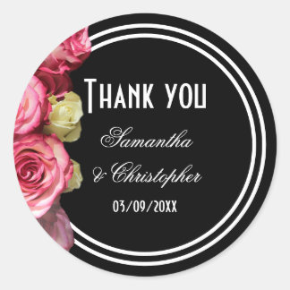 Sticker Rond Rose rose sur noir mariage nuptiale merci