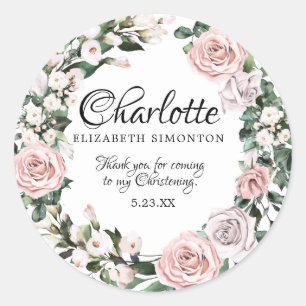 Sticker Rond Rose rose violet Christening personnalisé