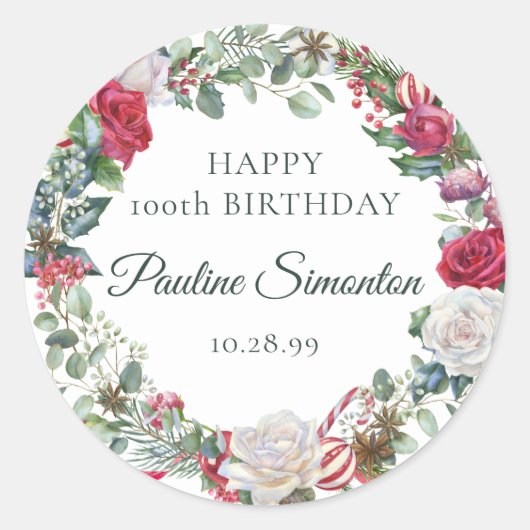 Sticker Rond Rose rouge et Holly 100e anniversaire Elegant (Devant)