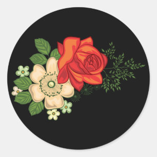 Sticker Rond Rose rouge et marguerites Arrière - plan noir