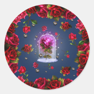 Sticker Rond Rose rouge magique enchantée florale bleue Bling P