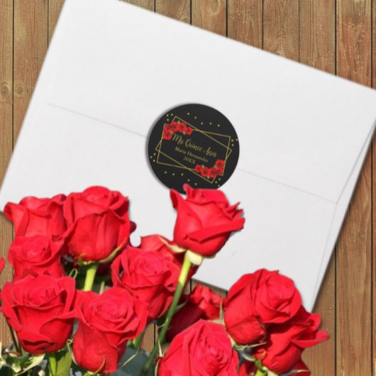 Sticker Rond Rose rouge Noir et or Quinceañera