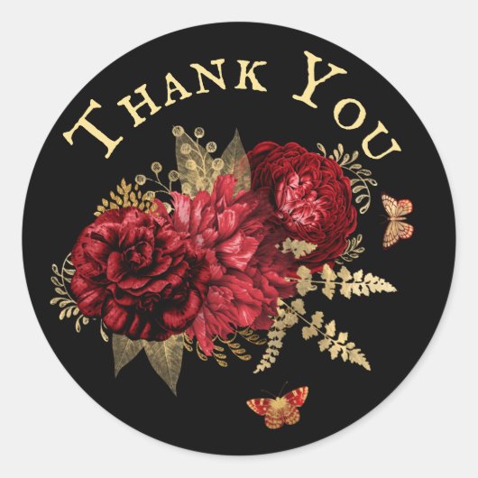 Sticker Rond Rose Rouge or Floral Papillon Merci (Devant)
