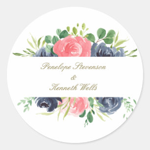 Sticker Rond Rose Rustique Rose Marine Cadre Floral Mariage Per