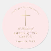 Sticker Rond Rose Simple Elegant Gold Cross Baptism Christening (Devant)