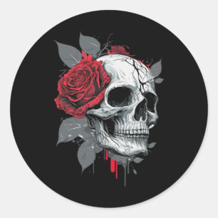 Sticker Rond Rose Skeleton Skull main rouge Fleur Rose