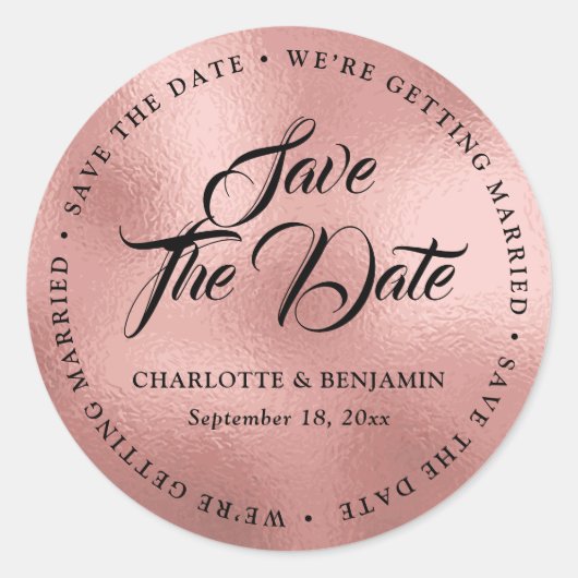 Sticker Rond Rose Typographie Or Mariage Enregistrer La Date (Devant)
