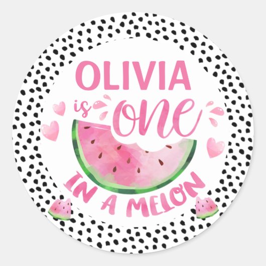 Sticker Rond Rose Vert Noir Un Dans Un Melon 1er Anniversaire (Devant)