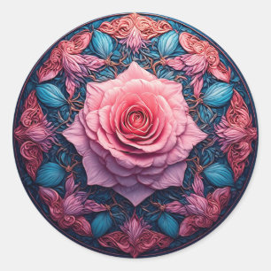 Sticker Rond Rose vibrante en fleurs entourée de détails ornés
