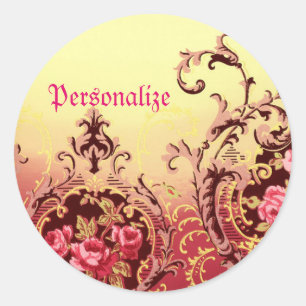 Sticker Rond Rose victorien élégant floral vintage rouge et or