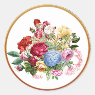 Sticker Rond Rose vintage et Hydrangea Botanique / Gold Trim